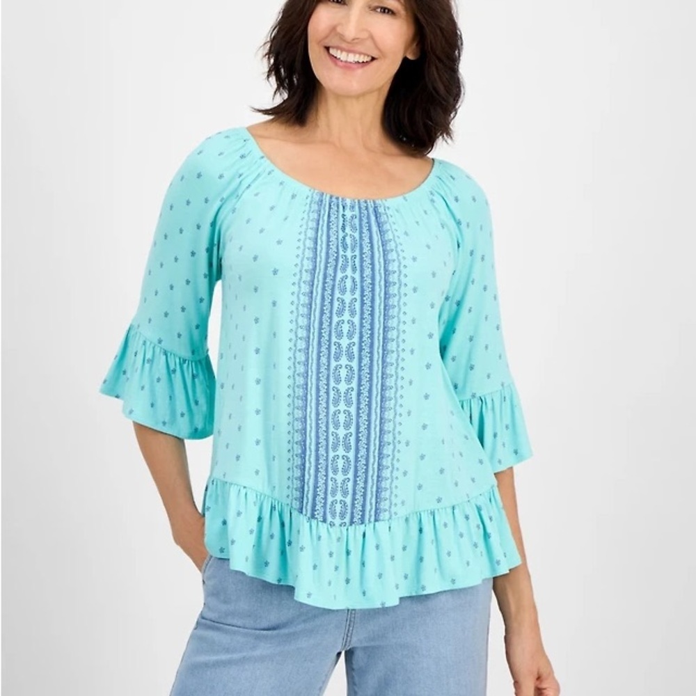 Style & Co Boho Peasant Blouse Aqua Blue Ruffle Hem Bell Sleeve Top Size M